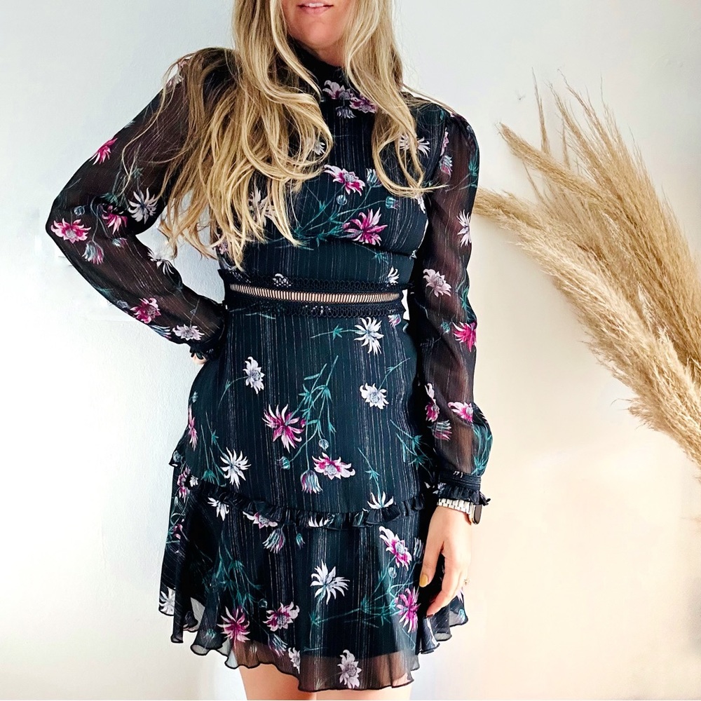 NORDSTROM Donna Morgan Black Pink Blue Floral Long Sleeve Tiered Ruffle Dress 4